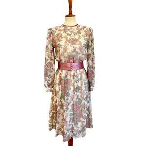 VTG 70s Floral Chiffon Dress Pink Satin Waist Cottagecore Boho Romantic, Size 6P